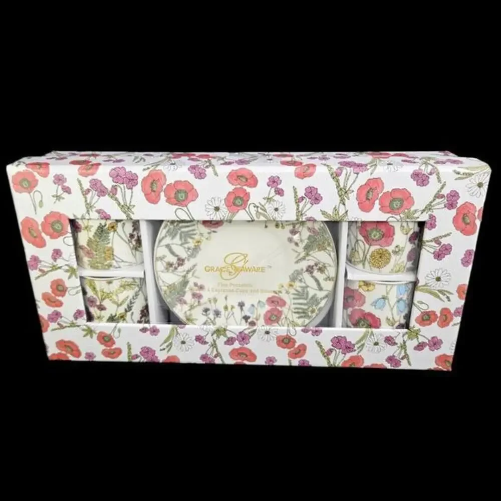 Graces Teaware Espresso Cups Saucers Set 4 Porcelain Floral Gold Trim‎ Boxed New